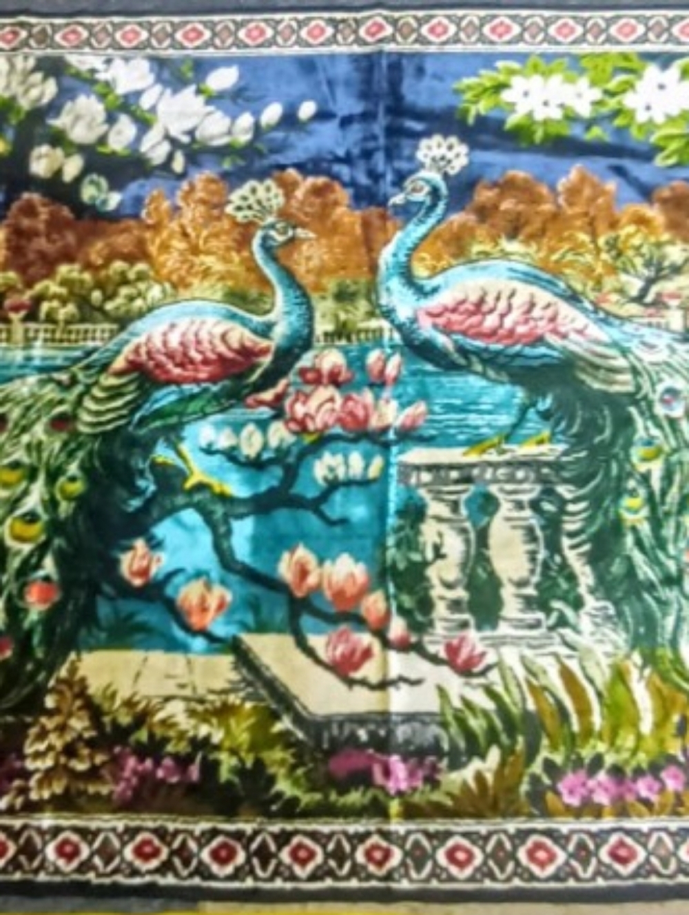 Rare Vintage Blue Peacock Garden Tapestry Rug Floral Twin Peacocks Morocco New